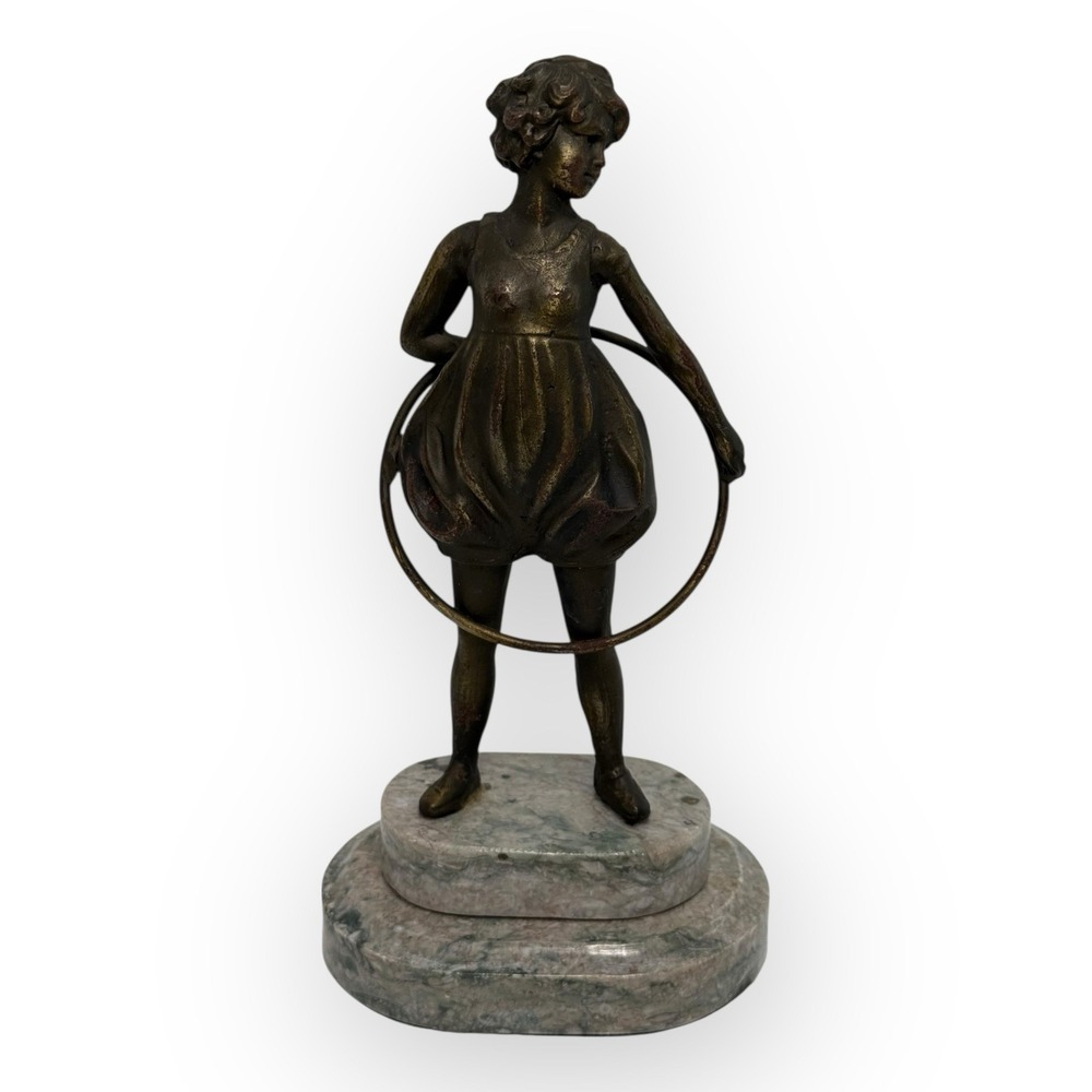 Reproduction Hoop Girl Statue Bronze Tone Metal Marble Base Art Deco Style VTG